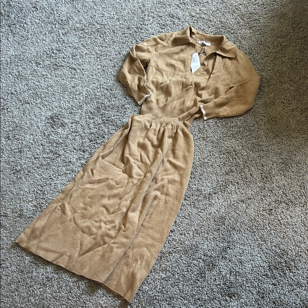 Collared Long-Sleeve Knit Maxi Dress in Camel